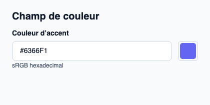 Saisie hexadécimale avec aperçu de couleur et sélecteur contextuel.