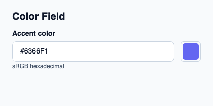 Hex text input with a color swatch and picker popup.