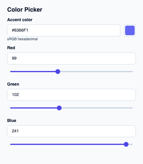 Color editor with hex text, channel inputs and channel sliders.