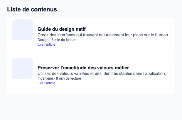 Liste Slint virtualisée avec titres, extraits et sélection.