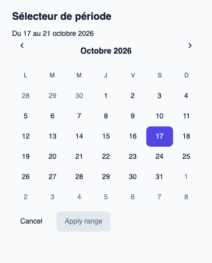 Calendrier pour sélectionner une date de début et une date de fin.