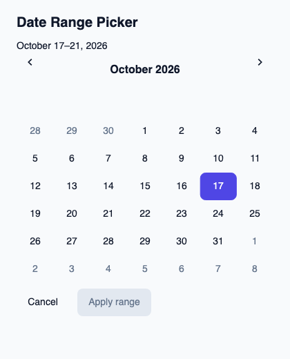 Calendar for selecting a start date and an end date.
