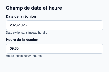 Deux brouillons texte validés comme une seule date et heure locale.