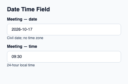 Two text drafts accepted as one local date and time.