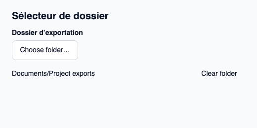 Actions Parcourir et Effacer pour un dossier sélectionné.