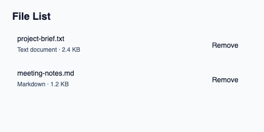 File rows with names, details and remove actions.