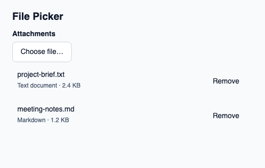 Browse action and selected-file list connected to a native dialog.