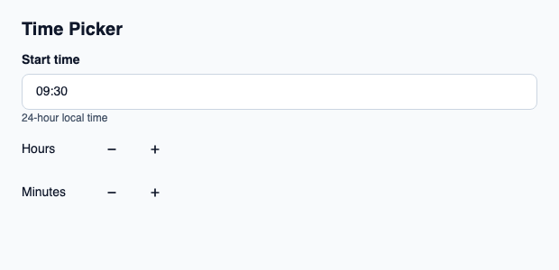 Local-time input with hour and minute adjustment controls.