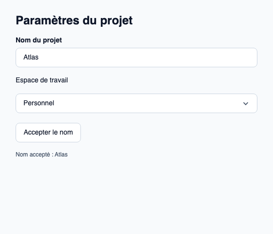 Fenêtre native Project settings avec un nom de projet et une sélection Workspace