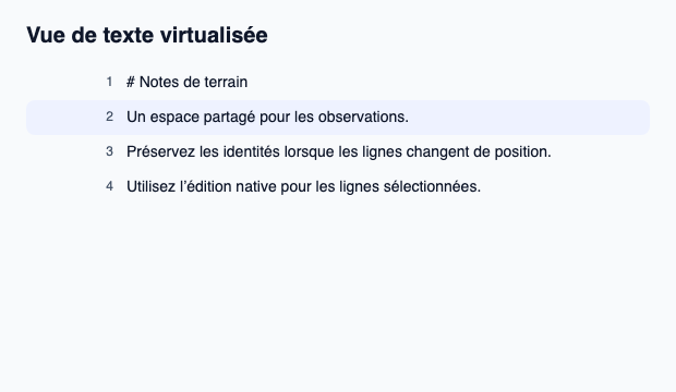 Vue de document Slint avec sélection et édition native d’une ligne.