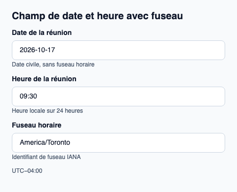 Date et heure locales résolues dans un fuseau IANA.