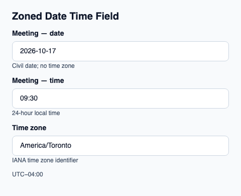 Local date and time resolved in an IANA time zone.