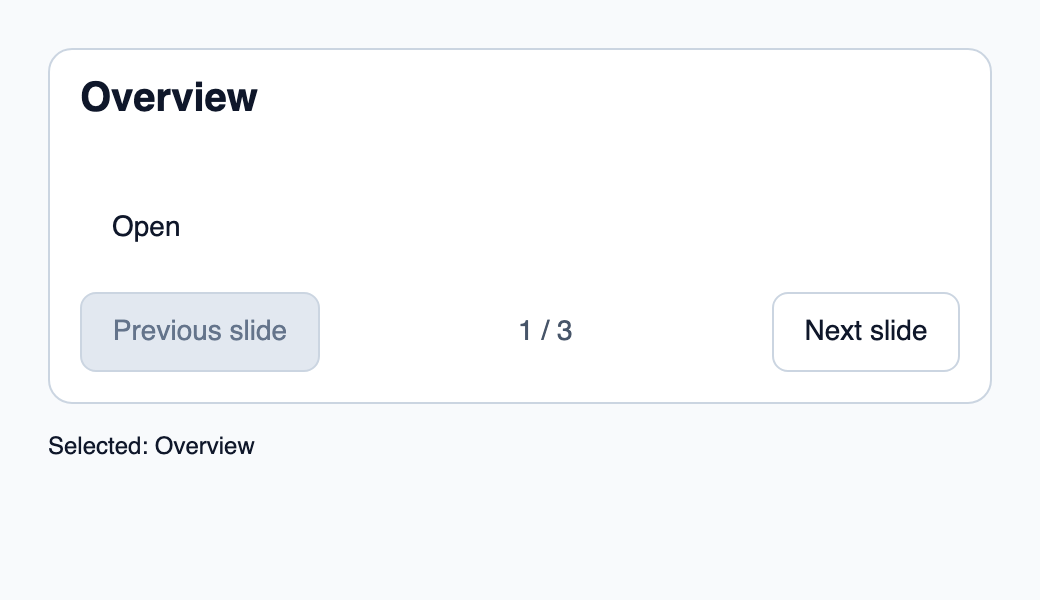 Manual carousel presenting the active item and its actions.