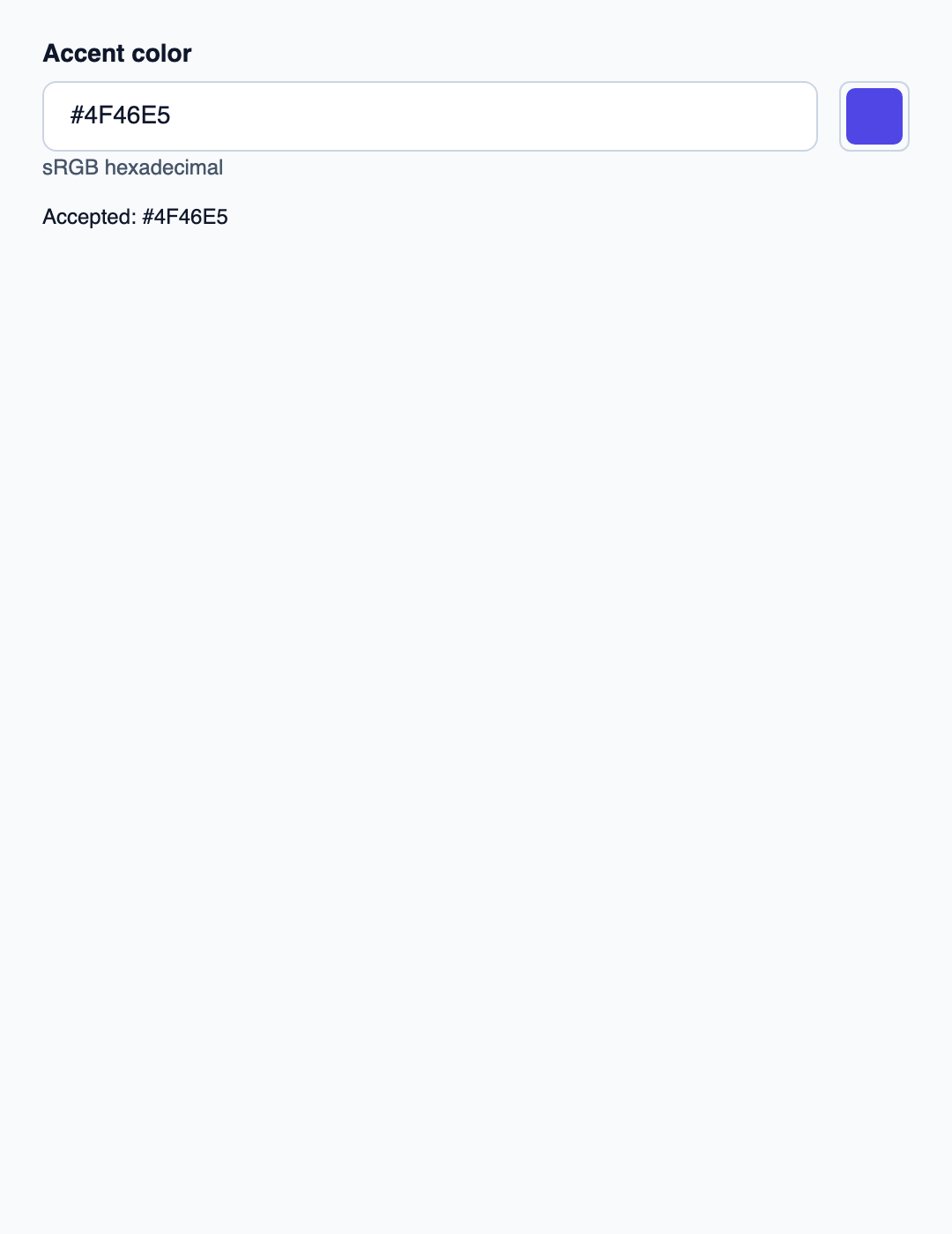 Hex text input with a color swatch and picker popup.