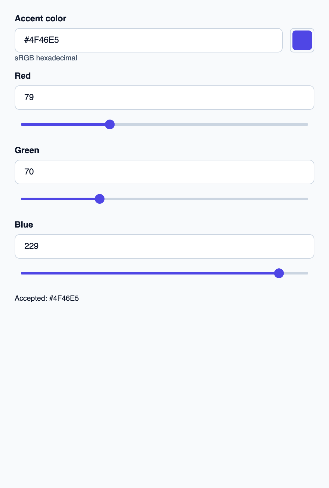 Color editor with hex text, channel inputs and channel sliders.