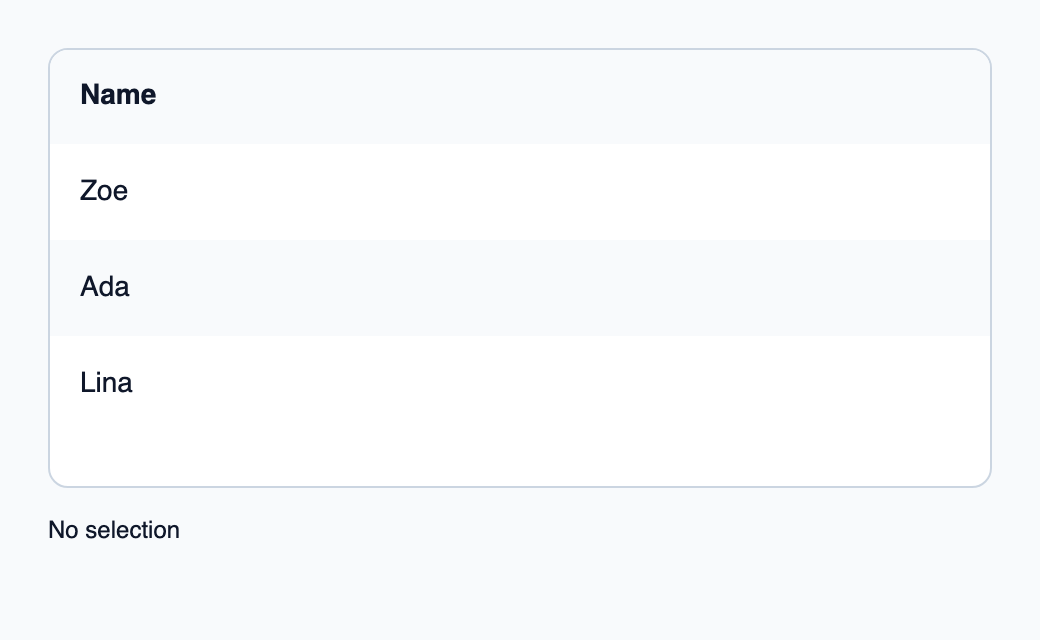 Slint data table with virtualized rows, sortable headers and row selection.
