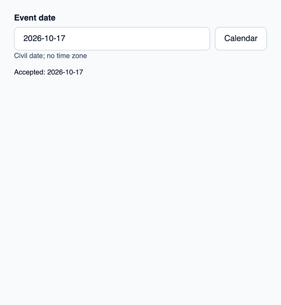Saisie de date avec calendrier contextuel.
