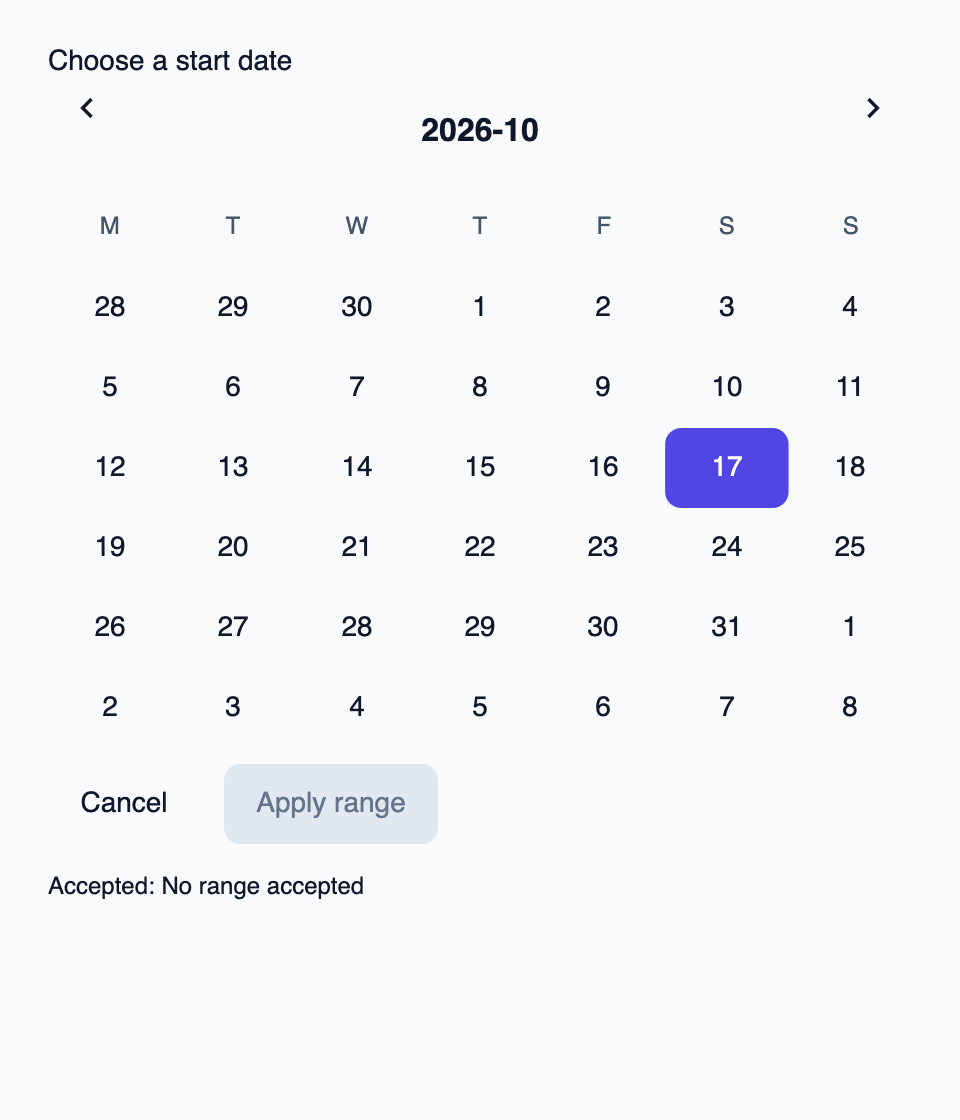 Calendar for selecting a start date and an end date.
