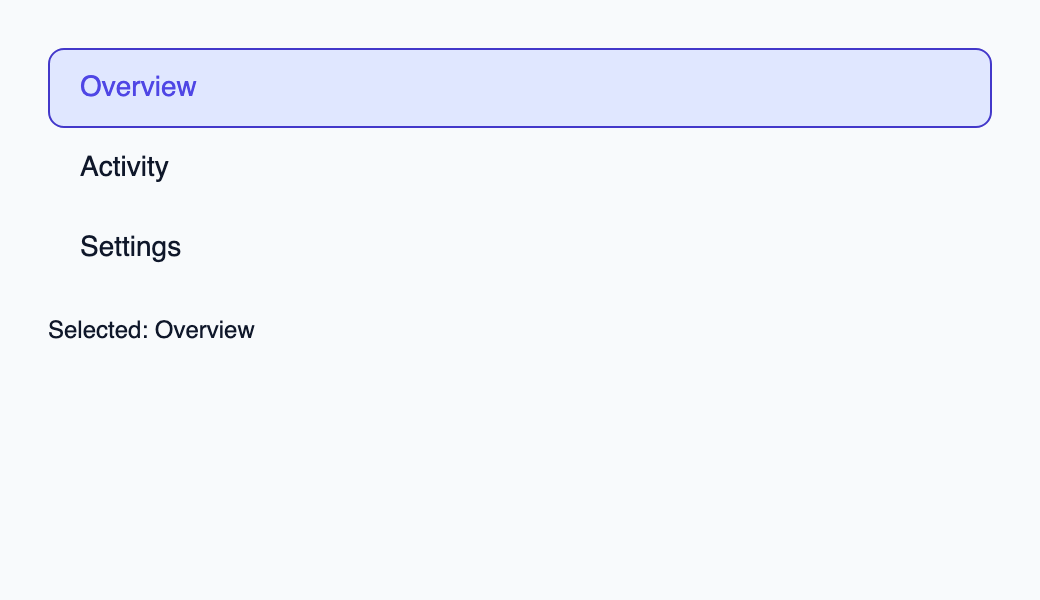 Vertical menu with virtualized options and controlled navigation.