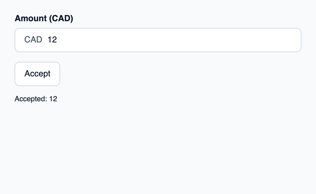 Numeric text input connected to Money with CurrencyCode CAD in Rust.