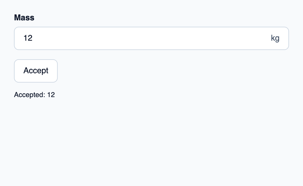 Numeric text input connected to Quantity with Unit::Kilograms in Rust.