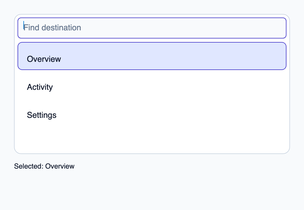 Popup surface combining native search, keyboard handling and active-option visibility.