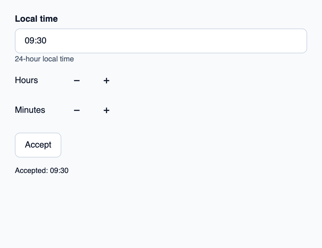 Local-time input with hour and minute adjustment controls.