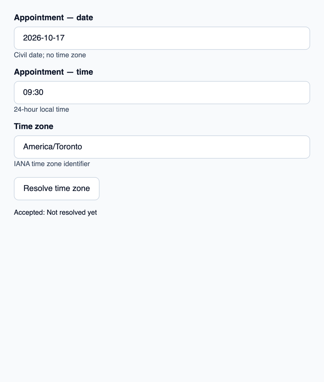 Local date and time resolved in an IANA time zone.